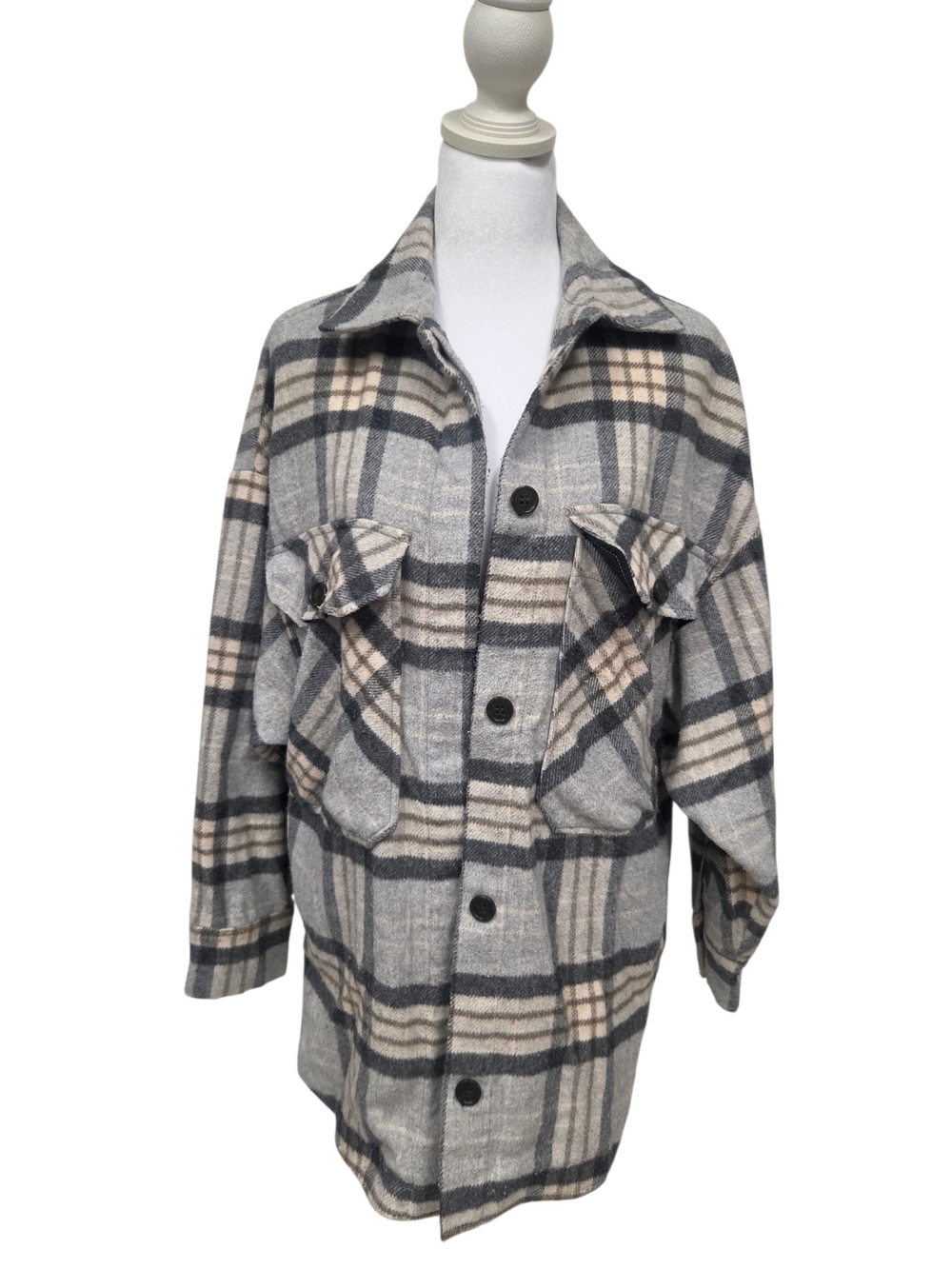 Zara Gray and Cream Plaid Utility Shacket